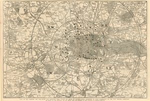 Carte montrant les barrières de péage et les principales barrières dans un rayon de 6 miles de Charing Cross, présentée à Lord Palmerston par le Comité de réforme des péages