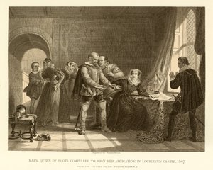 Marie Stuart contrainte de signer son abdication au château de Lochleven