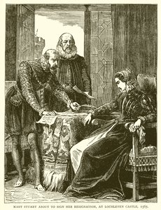 Marie Stuart signant sa démission, au château de Lochleven, 1567 - English School