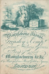 Marylebone House, Greasley & Co, tailleurs, bonnetiers, gantiers, fabricants de corsets, 14 Marylebone Street, Golden Square, carte de visite - English School