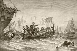Le commandant en chef Oliver Hazard Perry transférant du brig US Lawrence au brig US Niagra pendant la bataille du lac Érié (lithographie)