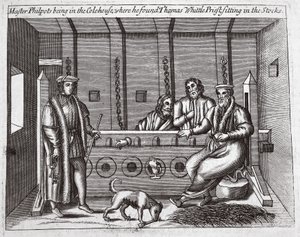 Maître Philpots dans la maison de charbon, où il a trouvé Thomas Whittle, prêtre, assis dans les stocks, illustration des Actes et Monuments de John Foxe, neuvième édition, pub. 1684 - English School