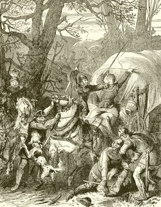 Coutumes médiévales : chevaliers brigands attaquant une caravane de marchands - English School