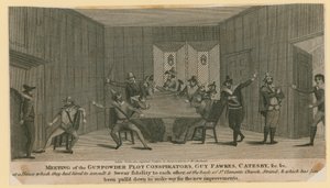 Réunion des conspirateurs du complot des poudres, Guy Fawkes, Catesby, etc. - English School