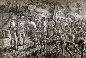 Mehmet Emin Pasha et Gaetano Casati arrivent au camp de Sir Henry Morton Stanley au bord du lac Albert en 1889, 1890 (gravure sur bois) - English School