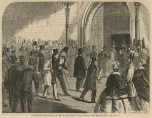 Membres des Communes à la porte privée de la Chambre dans Westminster Hall - English School