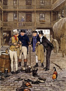 Les membres du club Pickwick rencontrent Sam Willer. Illustration des œuvres de Charles Dickens (1812-1870) de l