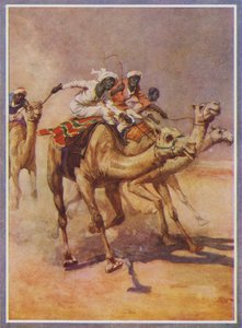 Hommes montant des chameaux dans une course dans le désert - English School