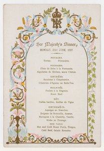 Menu du dîner de la reine Victoria le lundi 21 juin 1897, la veille de son jubilé de diamant