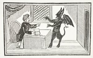Mephistopheles vient chez le Docteur, illustration de Chap-books du XVIIIe siècle par John Ashton, pub. 1882