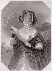 Madame Ford (Les Joyeuses Commères de Windsor) dans - « Galerie des femmes de Shakespeare, collection de quarante-cinq portraits sérieux par les premiers artistes de Londres, enrichie de notices critiques et littéraires » vers 1838 - de « Galerie des femme