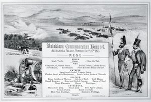 Menu illustré monté pour le Banquet de Commémoration de Balaklava tenu au Palais Alexandra, 25 octobre 1875