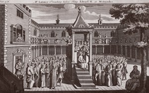 M. Latimer prêchant devant le roi Édouard VI à Westminster, illustration des Martyrs de Foxe vers 1703 - English School