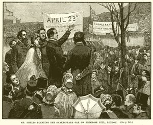 M. Phelps plantant le chêne de Shakespeare sur Primrose Hill, Londres