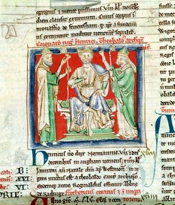 Ms 6712 (A.6.89) fol.135v Henri II (1133-89) miniature de Flores Historiarum, par Matthew Paris, 1250-52 - English School