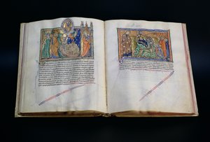 Ms L.A. 139-Lisboa fol.37v-38 La bête blasphémant le nom de Dieu, et les gens adorant les 3e et 2e bêtes, de l