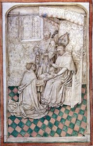 Ms R 14.5 f.8v Thomas Bekynton, évêque de Bath et Wells, reçoit Chaundler, du Missel d