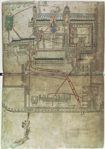 Plan de la cathédrale de Canterbury et du système de plomberie, du 