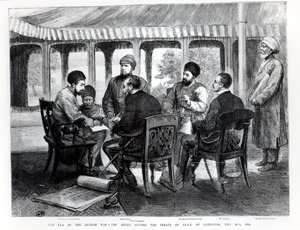 Muhammad Yaqub Khan (1849-1923) signant le traité de paix à Gundamak le 26 mai 1879 - English School