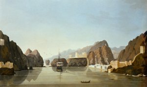 Muscat depuis le port avec une frégate britannique au mouillage, de Seize vues de lieux dans le golfe Persique, par le lieutenant R. Temple, publié en 1813