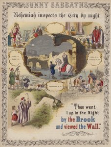 Néhémie inspecte la ville de nuit (gravure en couleur) - English School