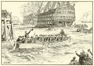 Nelson monte à bord de son navire amiral à Portsmouth - English School
