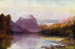 Nouvelle-Zélande : A la tête du lac Te Anau (lithographie couleur)