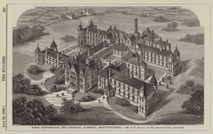 Nouvel Infirmary de North Staffordshire, Hartshill, Stoke-upon-Trent, MM. G B Nichols et Charles Lynam, Architectes (gravure) - English School