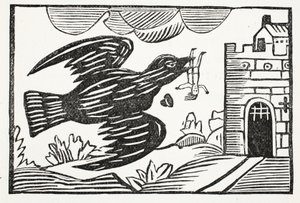 Maintenant par un corbeau de grande force, Pauvre Tom fut emporté, illustration de Chap-books du XVIIIe siècle par John Ashton, pub. 1882 - English School