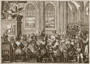 Oliver Cromwell prêchant à une congrégation puritaine, illustration de The Church of England: A History for the People par H.D.M. Spence-Jones - English School