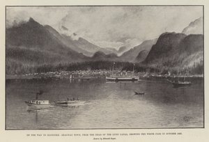 En route pour le Klondike, ville de Skagway, depuis la tête du canal Lynn, montrant le col White en octobre 1897 - English School