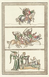 Oswald roi de Northumbrie avec son armée, bataille de Maserfield, miracle de la Vierge Marie - English School