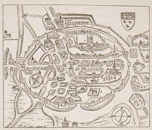 Vue panoramique de Canterbury au XVIe siècle, illustration de The Church of England: A History for the People par H.D.M. Spence-Jones - English School