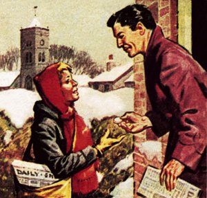 Garçon de journaux recevant sa boîte de Noël
