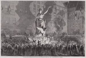 Célébrations de la paix devant la statue de Germania sur la place du marché de Leipzig, Allemagne, le soir du 5 mars 1870 - English School