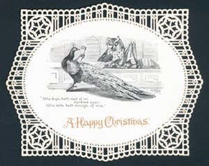 Paon et chouette dans une boutique, Carte de Noël - English School