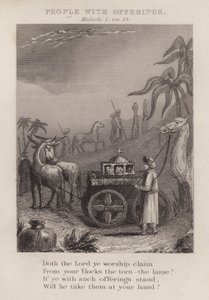 Personnes avec des offrandes, Malachie I, verset 13 (gravure) - English School