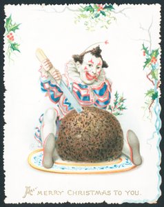 Pierrot coupant le pudding aux prunes, Carte de Noël