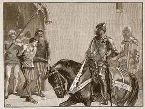 Piers Gaveston devant le comte de Warwick, illustration de Cassells Illustrated History of England
