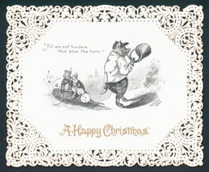 Cochon soufflant dans une corne, Carte de Noël - English School
