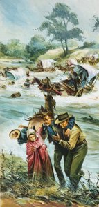 Pionniers traversant la rivière Arkansas au début des années 1880 (gouache sur papier)