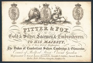 Carte de visite de Pitter & Fox, brodeurs en or et argent - English School