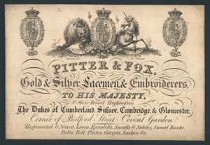 Pitter et Fox, brodeurs en or et argent, Bedford Street, Covent Garden, carte de visite - English School