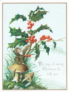 Lutin cueillant du houx, carte de Noël