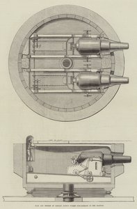Plan et section du chariot à tourelle du capitaine Scott dans le Glatton (gravure) - English School