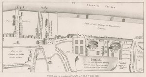 Plan de Bankside sur la Tamise basé sur une ancienne enquête réalisée sous le règne de la reine Elizabeth, montrant les combats de taureaux et d