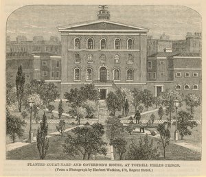 Cour plantée et maison du gouverneur à la prison de Tothill Fields - English School