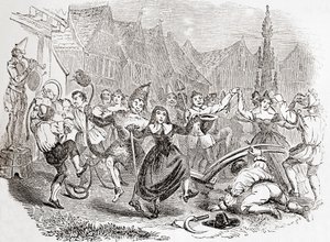 Célébrations du Plough Monday, la danse de Bessie et le Clown, tirée de Old England: A Pictorial Museum, pub. 1847