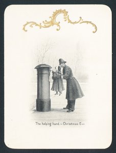 Policier soulevant une fille à la boîte aux lettres, Carte de Noël - English School