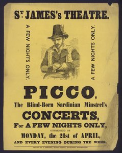 Affiche publicitaire pour les concerts de Picco, un ménestrel sarde aveugle au St James
